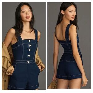 Anthropologie Maeve the colette the portside button-front romper navy blue US 14